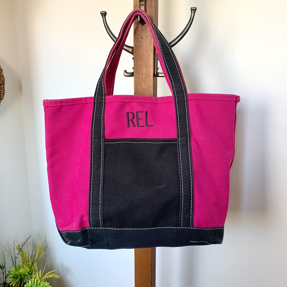 LL Bean Boat & Tote Hot Pink Navy Colorblock Custom Canvas Bag Monogram* MED